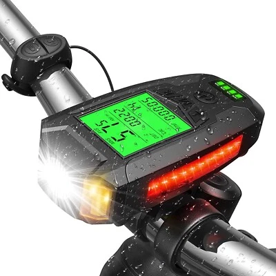 Fahrrad Licht USB mit LCD Tachometer Kilometerzähler 130dB Horn Radfahren Lampe - Image 1 of 4