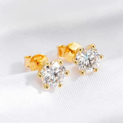 0.5-2ct VVS1 Round Cut Moissanite Stud Earrings Women 18K Yellow Gold Plated GRA - Image 1 of 4