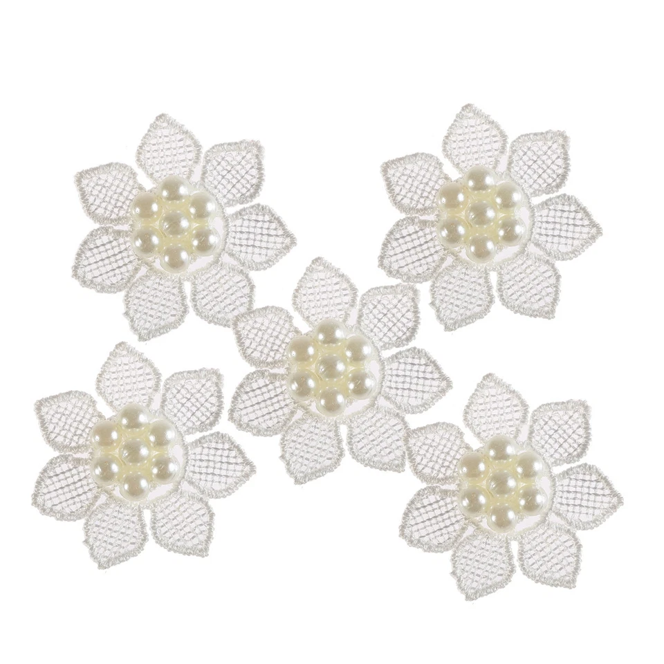 CraftbuddyUS 10 White Pointed Flower w/ 7 Pearl motifs 1.5 inches Stitch Fabric - Image 1 of 2