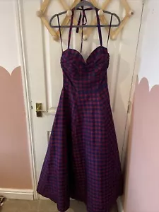MONSOON TWILIGHT Vintage Red Navy Check 80's Rockabilly Halter Silk Dress 12 - Picture 1 of 10