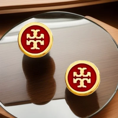 Tory Burch Kira 18K GP Red Enamel Gold Double T Logo Circle Stud Earrings $100 - Image 1 of 4