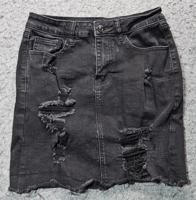 Rue 21 black fringed/distressed ripped denim jean mini skirt women size Medium - Image 1 of 4