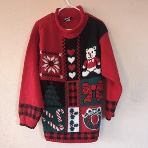Vintage Christmas Sweater  Girls 6X Bear Patchwork Holiday Knit 80s Retro Red  - Picture 1 of 10