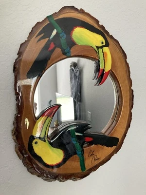 Espejo de pájaro tucán de Costa Rico pintado a mano corteza de árbol colgante de pared Foto 1 de 4