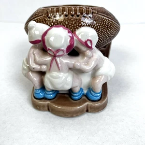 Vintage Baby Planter Vase Football Ceramic Nursery Decor Blue Pink  Cottage - Picture 1 of 8