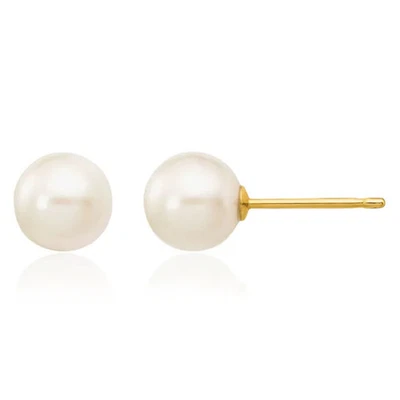 14K Solid Yellow Gold 6mm White Round Akoya Saltwater Cultured Pearl Stud ... - Image 1 of 4