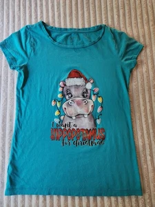 Weihnachten Tshirt XS Damen Nilpferd türkis festlich Urlaub Party  - Bild 1 von 4