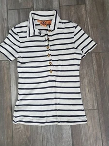 Tory Burch Women XS Striped Polo Shirt Logo Button Short Sleeve 100% Cotton - Picture 1 of 5