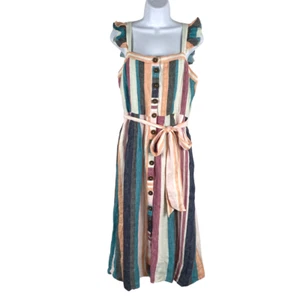 J. Crew Button Up Midi Dress In Mixed Stripe Size 10 Linen Tie Waist NWT DR-1176 - Picture 1 of 12
