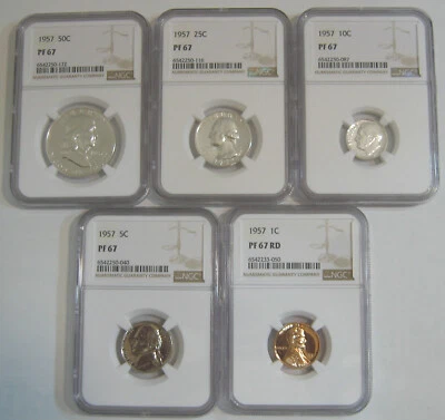 Blast White 1957 Proof Set - all 5 coins grade NGC PR67, PF67, PR 67 - Image 1 of 2