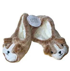 Ladies Corgi Faux Fur Pull on Slipper Socks with 3D ears - Picture 1 of 1