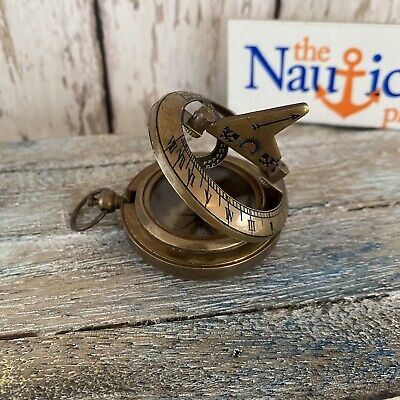 Antique Finish Brass Sundial Compass - Small Pocket Style - Nautical Pendant • 21.72$