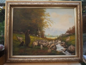 Ölgemälde auf LW Blick auf Alpendorf, Gebirge, Schäfer mit Herde signiert KUBOTH - Bild 1 von 12