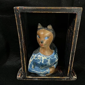 Hard Carved Painted Cat Lady Sculpture Free Standing Frame Unique Collectable - Picture 1 of 15