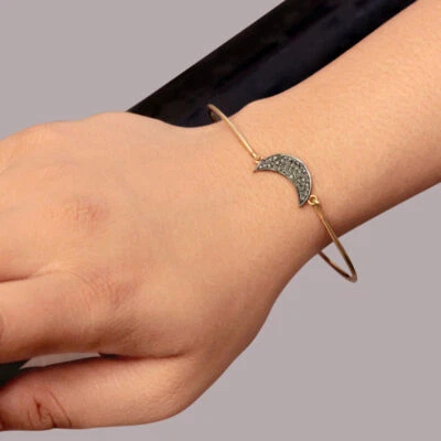 Diamond 925 Silver Crescent Moon Charm Bracelet 14k Gold Fine Jewelry - Image 1 of 4