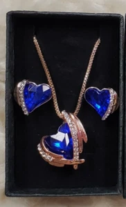 3 Pc. Necklace Earring Set ROSE GOLD BLUE Heart September Sapphire Valentine's - Picture 1 of 11