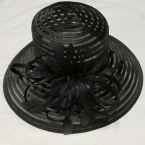 Feine Millinery transparente Streifen Blumenfedern Hochzeit Kirche Derby breite Krempe schwarz - Bild 1 von 8