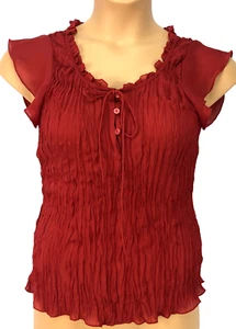 ALLISON TAYLOR Rojo Transparente Arrugado Top L Mangas Redondeado Cuello en V 3 Botones Corbata - Imagen 1 de 6