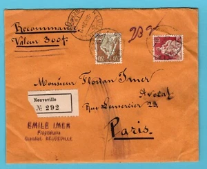 SWITZERLAND R insured cover 1924 Neuveville to Paris, France - Picture 1 of 2