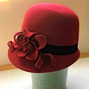 Vintage Ladies 100% Wool Bowler Red Hat Cap Lining Polyester With Flower decor - Picture 1 of 6