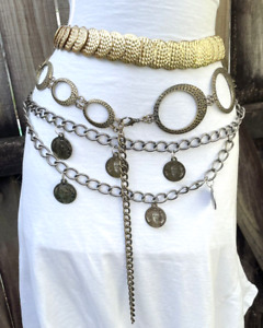 Lot of 3 Different Chunky Silver-Bronze-Gold Tone Metal Stretch & Chain Belts