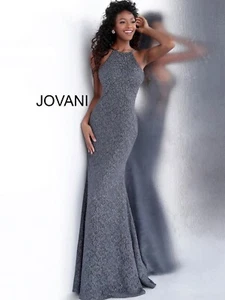 Jovani Sleeveless High Halter Beaded Lace Long Gown Size 8 Grey - Picture 1 of 12