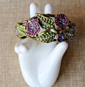 SWEET ROMANCE Cuff Bracelet Flowers and Vines Pink Green Purple Antique Bronze - Picture 1 of 11