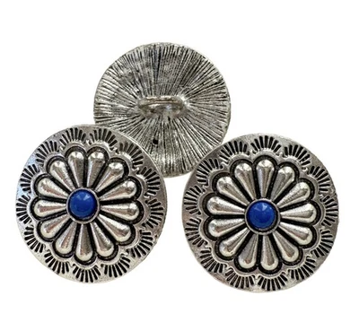 3PC Antiqued Silver Turquoise Flower Metal Buttons Sewing Button with Shank 30mm - Image 1 of 3
