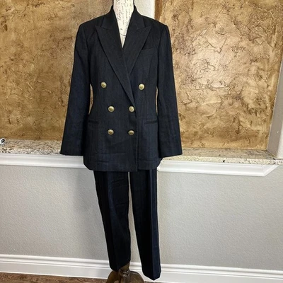 Brunello Cucinelli Double Breasted Suit Womens 4 44 Blazer Pants Black Linen Ble - Image 1 of 4