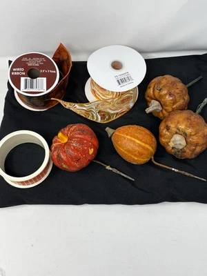 FALL Theme Lot Crafts Wired Edge Ribbon 2.5”x 10 yds Roll Orange Gold Pumpkins - Image 1 of 4