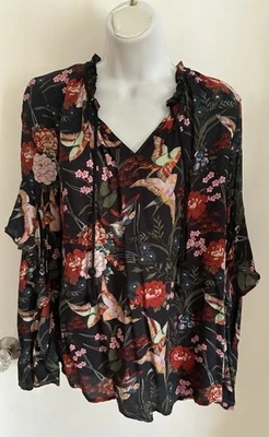 Blusa Top Jessica Simpson Negra PÁJAROS Hippie Floral Boho Bohemia Tropical S Foto 1 de 4