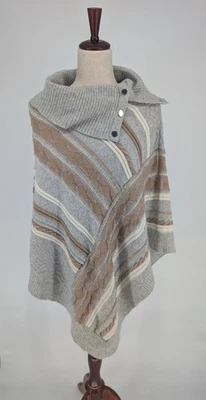 Poncho tejido de gran tamaño WHBM mezcla de lana M cable rayas capucha cuello capa acogedor invierno Foto 1 de 4