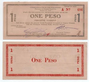 FILIPINAS 1 Peso 1942 Provincia de Negros Oriental P-S654b XF - Imagen 1 de 1