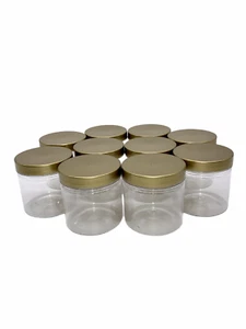 10 kleine runde 250ml Kunststoff Vorratsgläser Küche/Garage Organisation Gold Deckel - Bild 1 von 6
