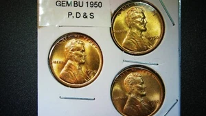 Set of BU 1950, P, D & S Lincoln Wheat Cents from OBW Rolls - Picture 1 of 2