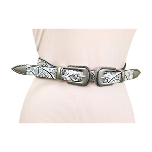 Women White Elastic Belt Paisley Print Silver Metal Double Western Buckles S M - Picture 1 of 24