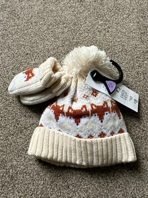 Fred & Flo F&F Baby Fuchs Strick Bommelmütze mit Fäustlingen 3-6 Monate - Bild 1 von 4