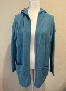 EILEEN FISHER Turquoise Cashmere Silk Bliss Hooded Oversized Open Cardigan Sz XS - Picture 1 of 7