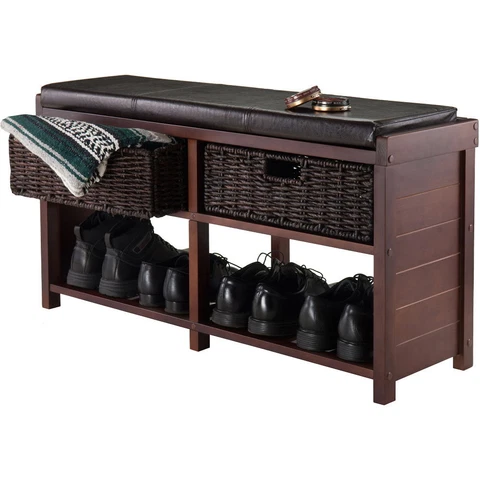 Storage bench, seat cushion and 2 collapsible chocolate corn husk baskets with Cover