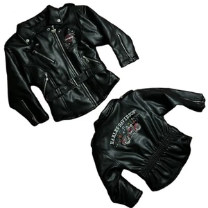 Harley Davidson Leather Jacket Youth Size 6 Black Floral Kids Biker Embroidered - Picture 1 of 14