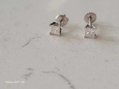 Estate Princess Cut Diamond Studs Set Into 14k White Gold Screw Backs - Image 1 of 4