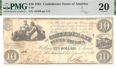 T-28 RARE Watermark Block CSA 1861 $10 Confederate PF-11 PMG VF20 Only 8-9 Known - Image 1 of 4