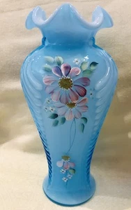 Vintage Blue Fenton Hand Painted Signed Vase - Picture 1 of 13