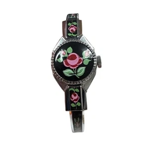 Dowissa Swiss Secret Watch – 17J Mechanical, Enamel Floral Flip-Top Bangle - Picture 1 of 13