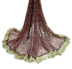 Vintage schwere weinrote Dupatta Netz lange Stola handbestickte Schals Dabka - Bild 1 von 21