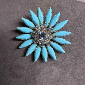 Broche prendedor flor estrás naveta celuloide azul vintage de calidad con cristal - Imagen 1 de 6