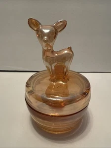 Vintage Jeanette Ringelblume Glas Waschtisch Puderdose mit Hirsch irisierend - Bild 1 von 6