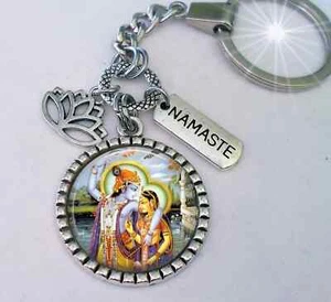 Krishna and Radha Keychain or Clip with Lotus Flower and Namaste Charm - Picture 1 of 5