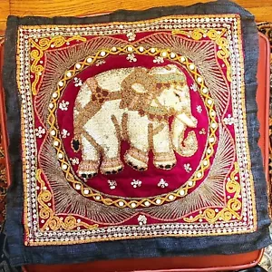 Sequins & Beads Embroidery Fabric Elephant- Tapestry/Pillow Cover - VINTAGE - Picture 1 of 4