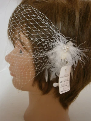 Birdcage French Net Face Veil Ivory Wedding Hair Accessory Feathers Crystals NWT - Image 1 of 4